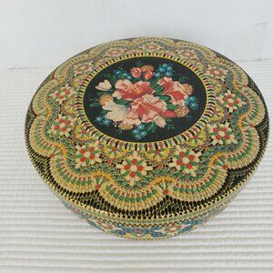 Cookie Tin Vintage 8" Floral Bouquet Black Empty Round Mosaic Embossed Holland